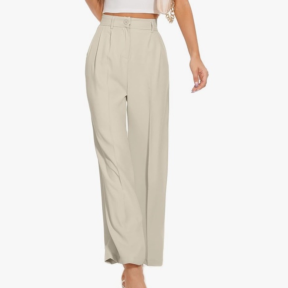 FUNYYZO Wide Leg Work Trousers High Elastic Back Waist Beige Straight Leg Pants - Picture 2 of 8